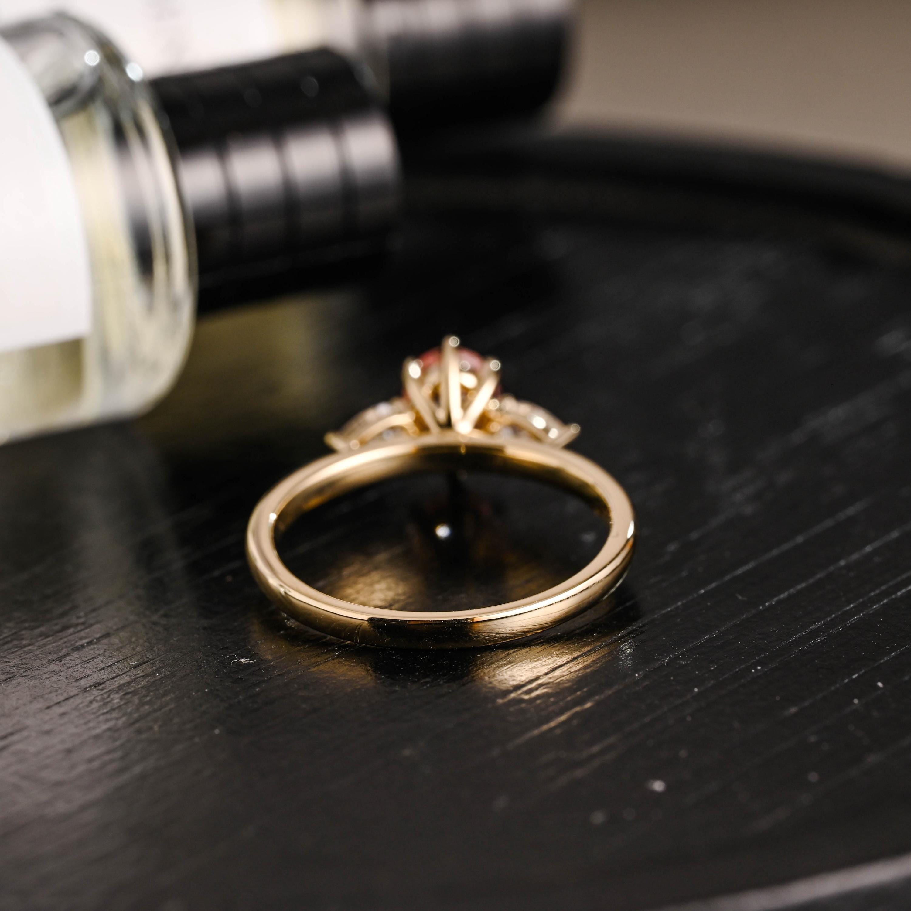 Solid Gold Oval Lab Grown Pink Sapphire Engagement Ring, Three Stone Proposal Ring