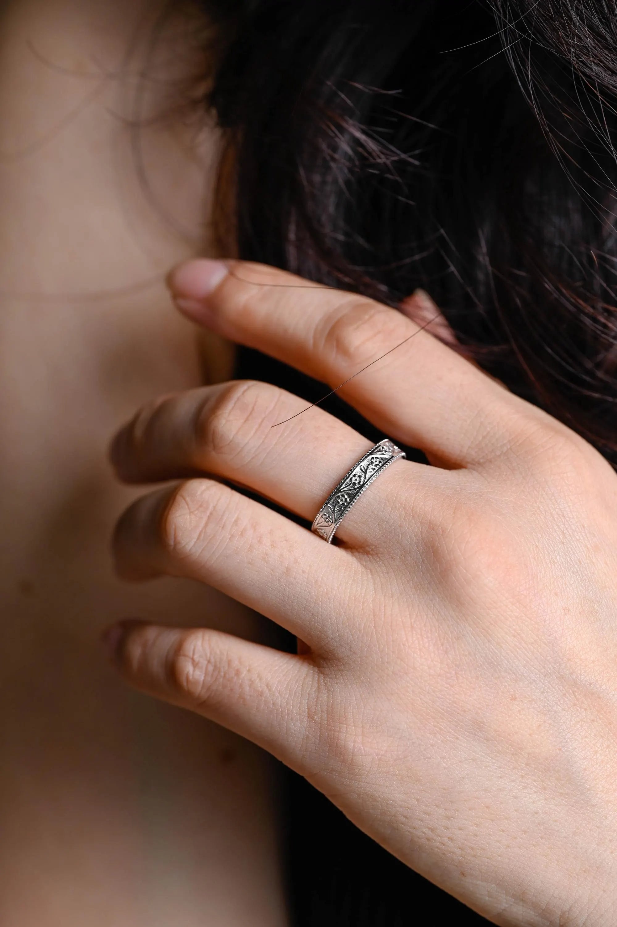 Solid Gold Floral Wedding Band, Ornate Wedding Ring, Milgrain Matching Band, Anniversary Gift Birthday Gift Valentine's Day Gift for Women