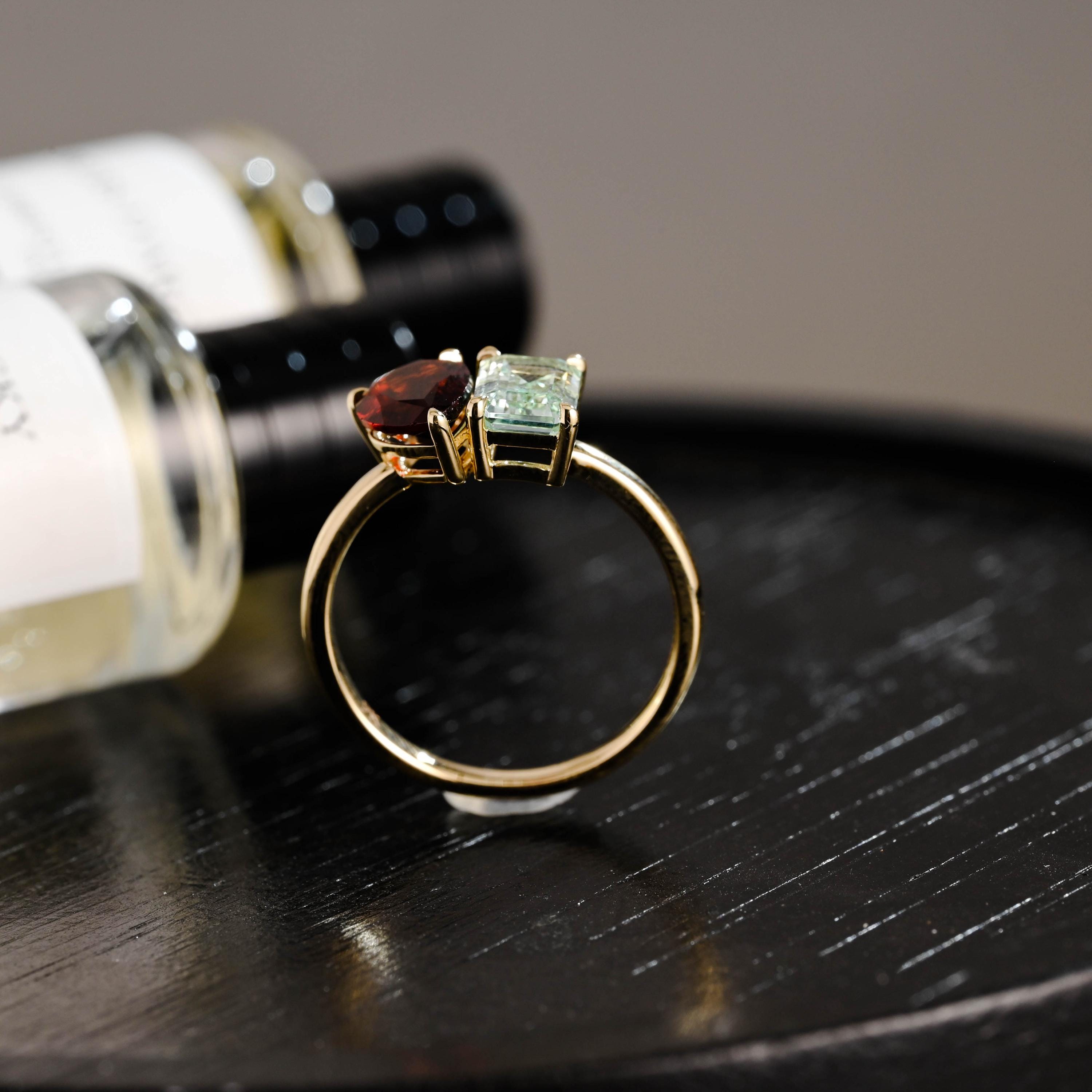 Toi et Moi Solid Gold Pear Garnet & Emerald Cut Aquamarine-Sapphire Engagement Ring