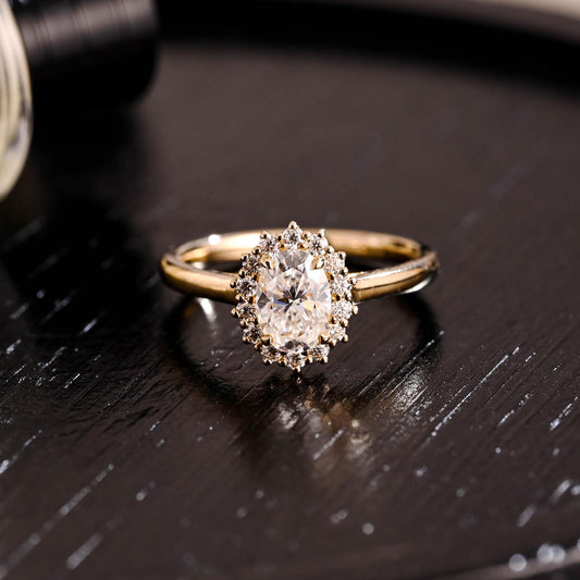 Solid Gold Starburst Oval Cut Moissanite Engagement Ring, Halo Wedding Ring