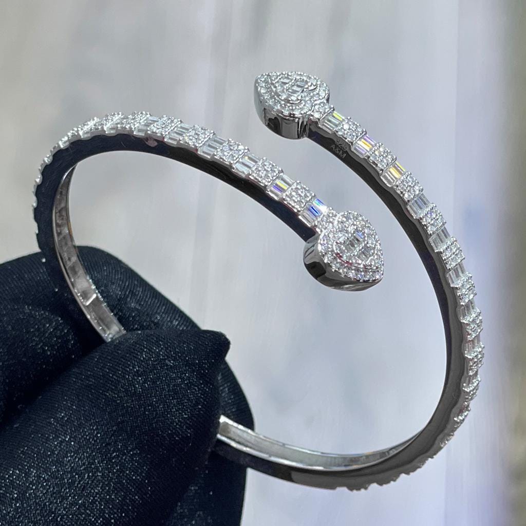 Iced Out Moissanite Heart Bangle Bracelet: 925 Sterling Silver