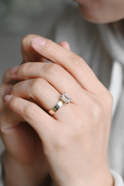 Solid Gold Emerald Cut Moissanite Engagement Ring, 4mm Wide Band Solitaire Ring, Gift for Her