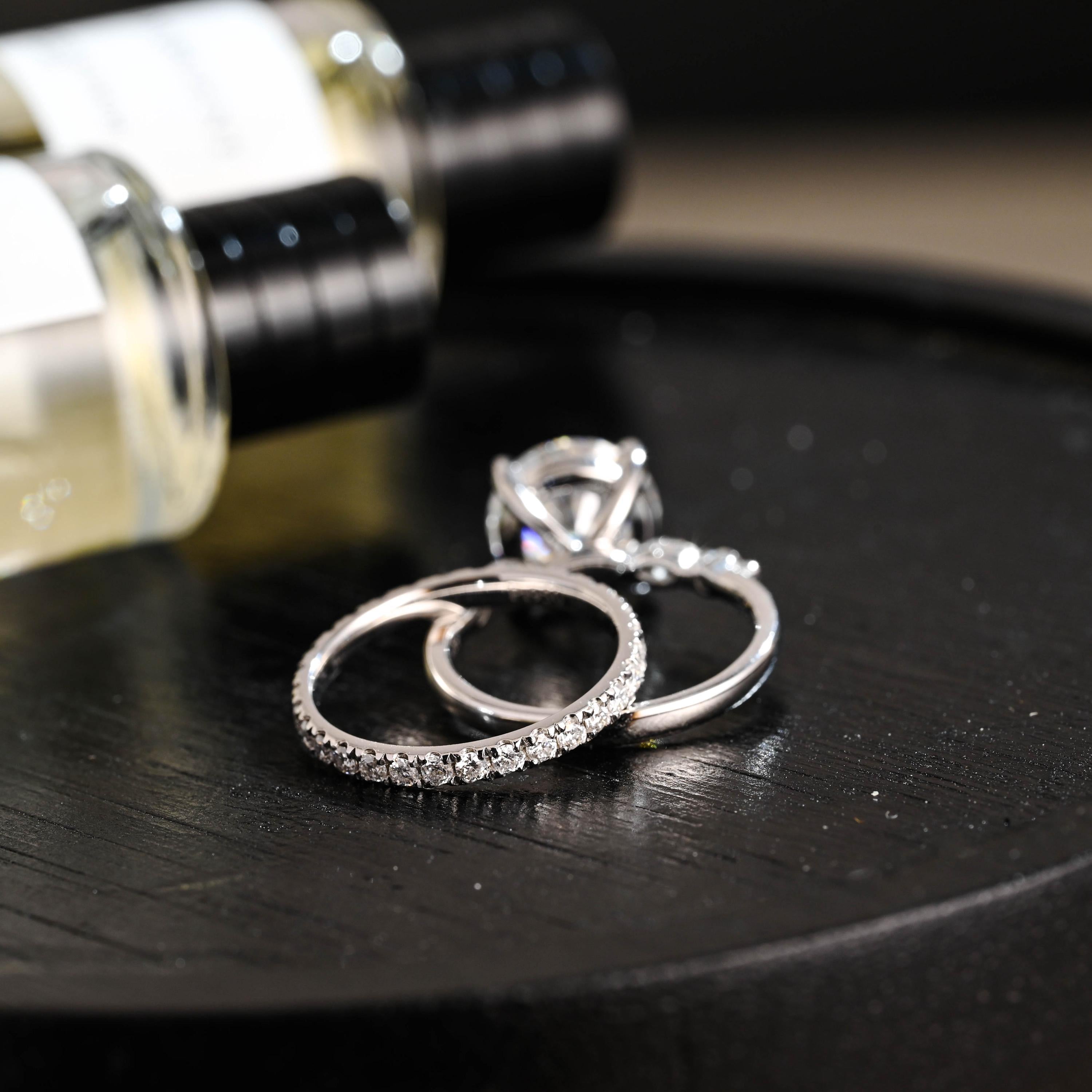 Solid Gold Round Moissanite Engagement Ring Set, Wedding Ring Set, Half Eternity Ring Bridal Set