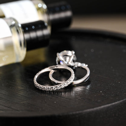 Solid Gold Round Moissanite Engagement Ring Set, Wedding Ring Set, Half Eternity Ring Bridal Set