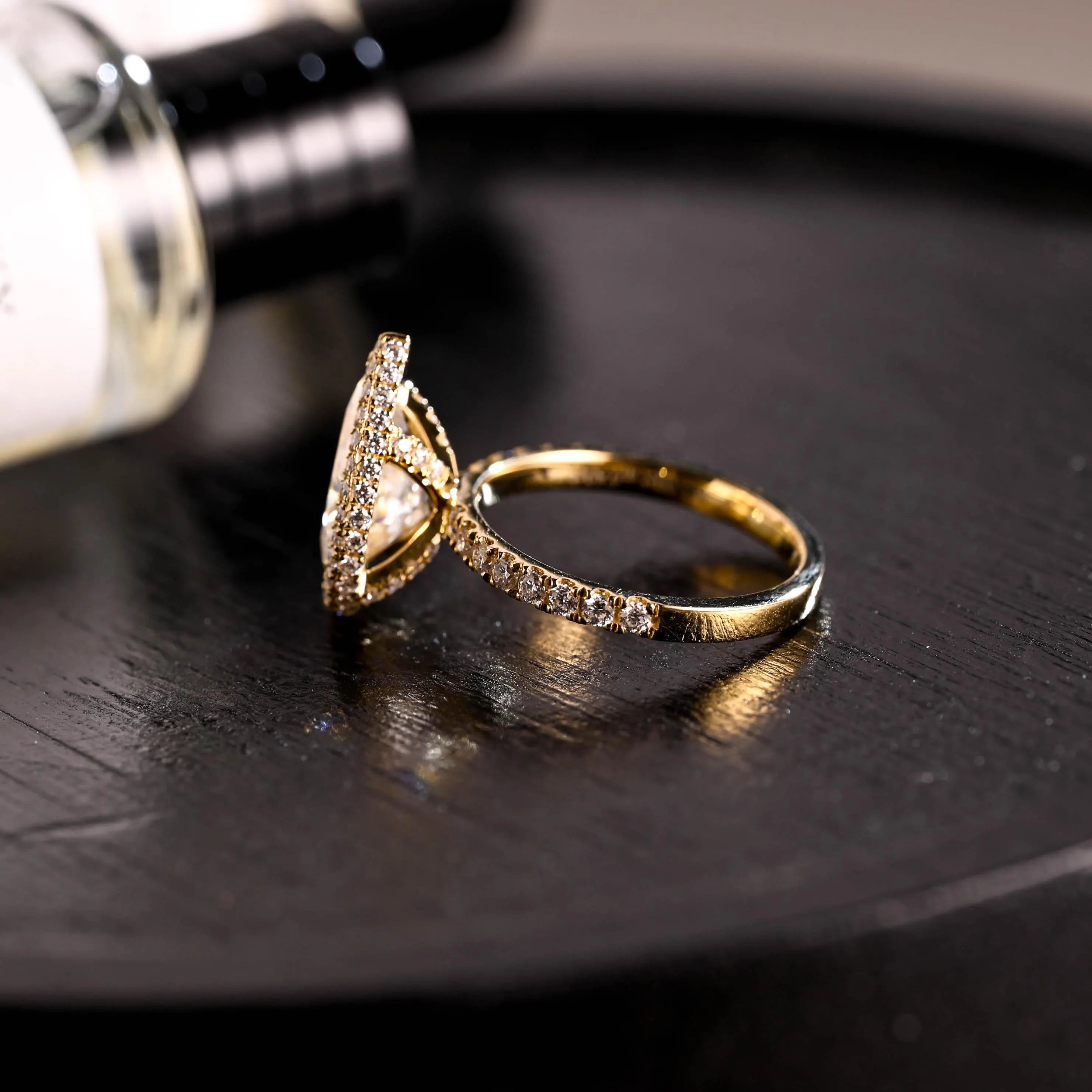 Prong Pave Pear Cut Moissanite Engagement Ring, Solid Gold Halo Pear Moissanite Wedding Ring