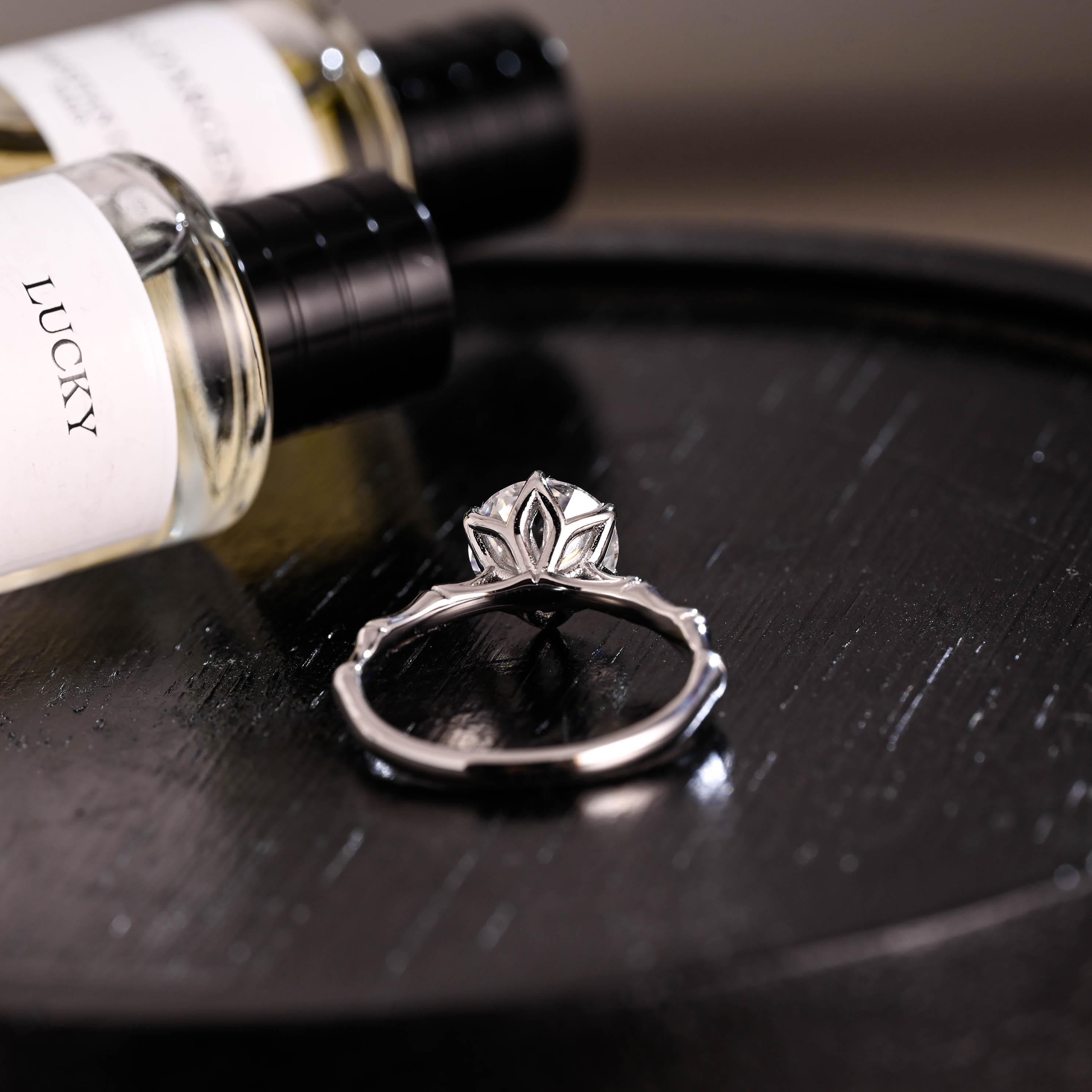 Solid Gold Tulip Prong Setting Round Cut Moissanite Engagement Ring, Bamboo Style Ring Band Wedding Ring