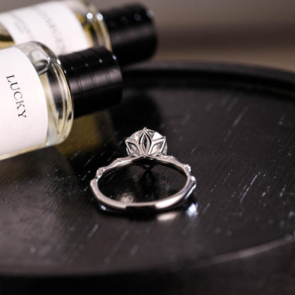 Solid Gold Tulip Prong Setting Round Cut Moissanite Engagement Ring, Bamboo Style Ring Band Wedding Ring