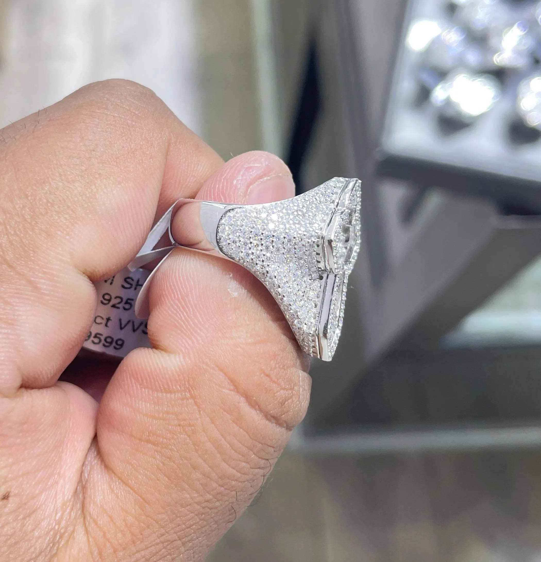 Iced Out Moissanite Cross Ring: 6.82 Carat Baguette Round VVS Moissanite Sterling Silver Ring