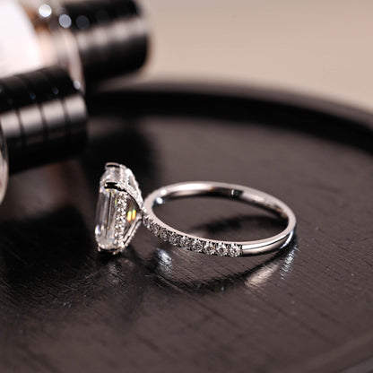Prong Pave Emerald Cut Moissanite Engagement Ring, Solid Gold Hidden Halo Pave Emerald Cut Moissanite Wedding Ring, Anniversary Ring Gift