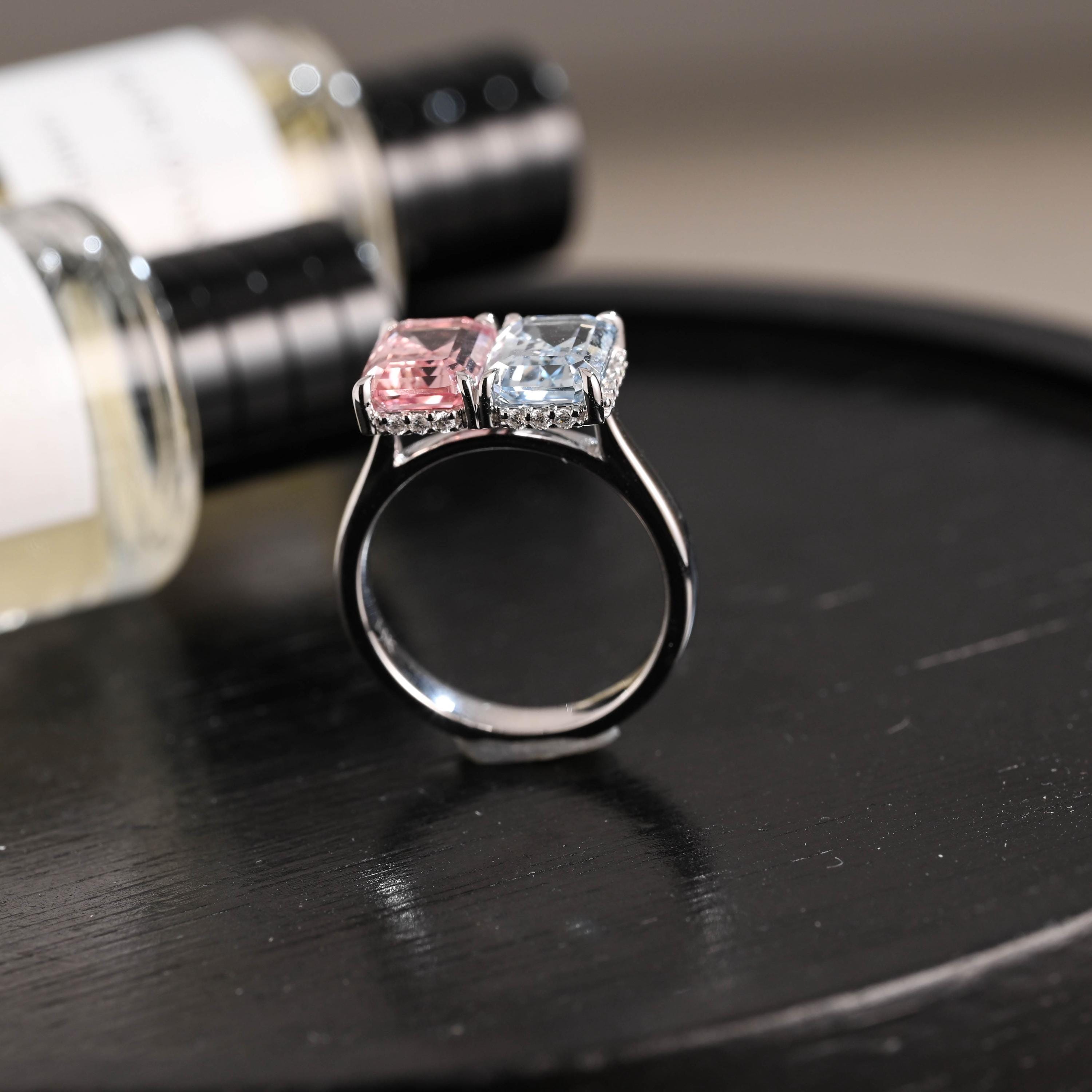 Solid Gold Toi et Moi Emerald Cut Pink Lab Grown Sapphire & Blue Lab Grown Sapphire Engagement Ring