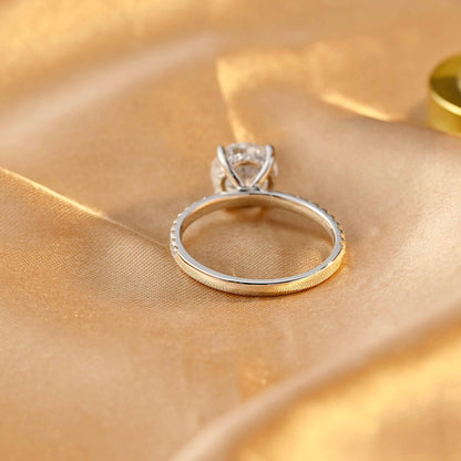 Half Pave Solid Gold Round Cut Moissanite Engagement Ring, Hidden Halo Round Cut Wedding Ring