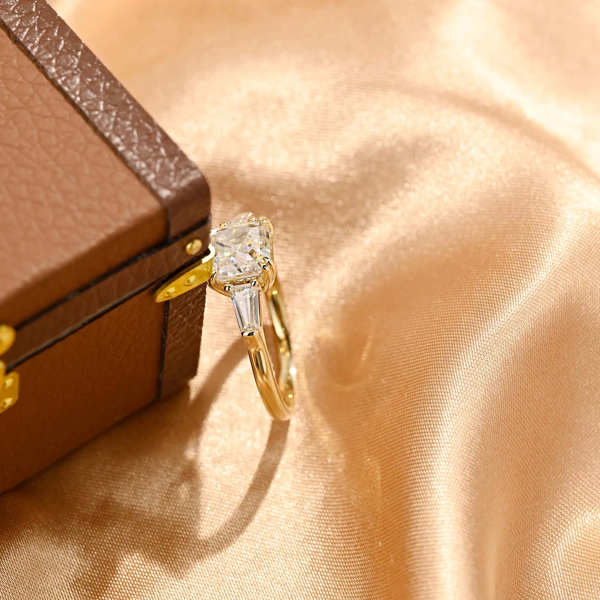 Solid Gold Asscher Moissanite Engagement Ring, Three Stone Wedding Ring