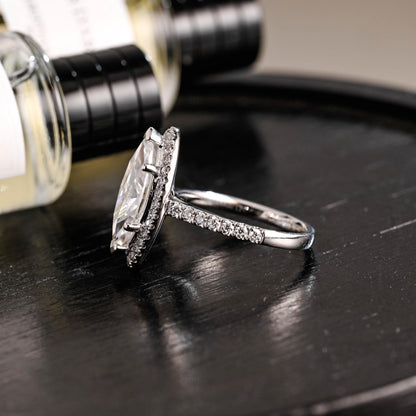 Solid Gold Halo Marquise Moissanite Engagement Ring, Round Cut Accent Stones