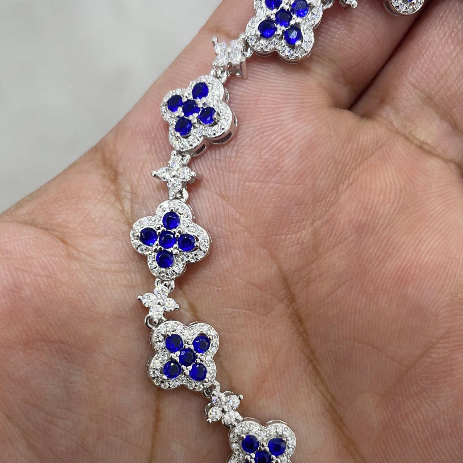 Tennis Bracelet, Gemstone Bracelet , Silver Bracelet, Diamond Bracelet, Dainty Bracelet, Gift for Her, Moissanite Diamond, Blue Clover Stone