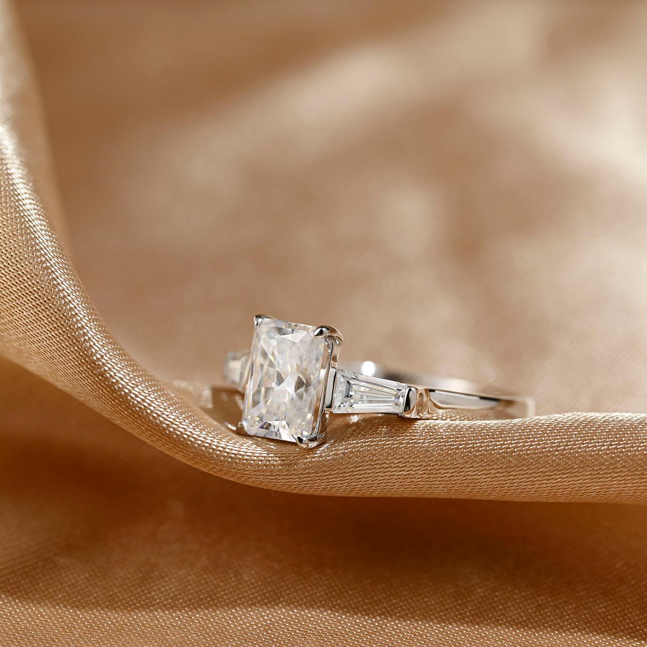 Solid Gold Three Stone Radiant Cut Moissanite Engagement Ring, Anniversary Ring for Her
