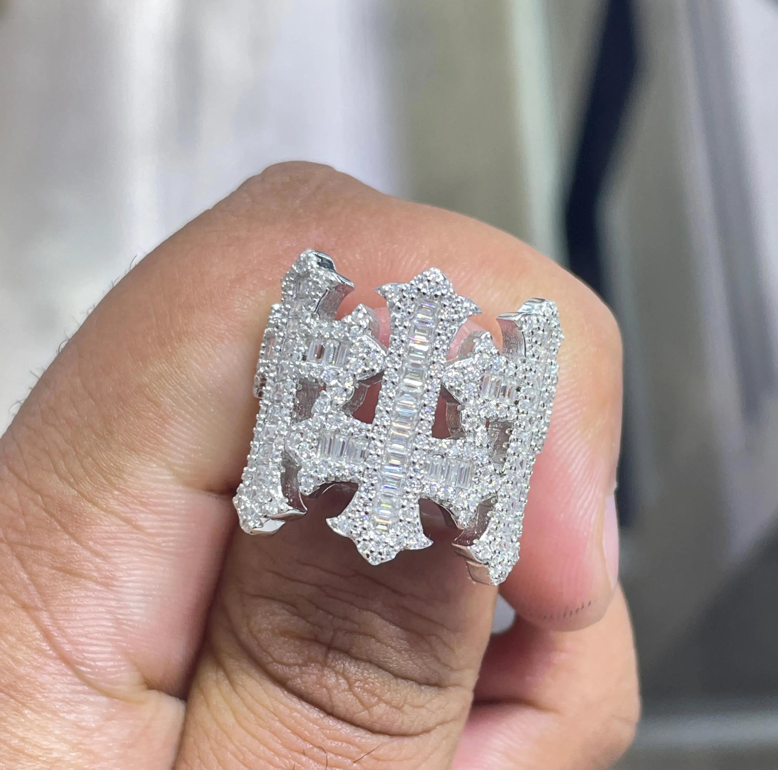 Iced Out Cross Ring: Baguette Moissanite, Sterling Silver Hip Hop Jewelry