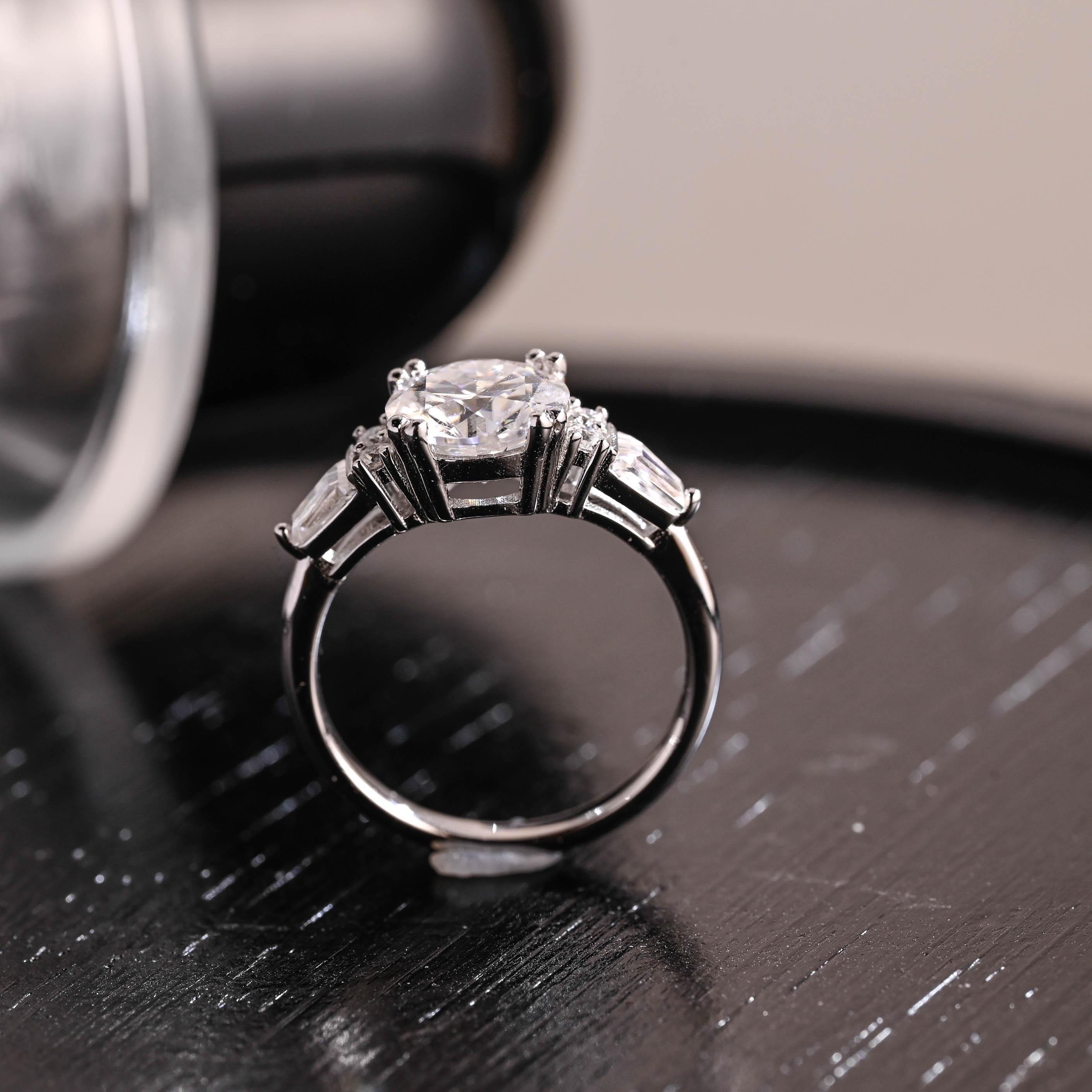 Three Stone Round Cut Moissanite Engagement Ring, Trapezoid Accents Round Cut Double Prongs Wedding Ring