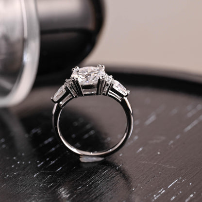 Three Stone Round Cut Moissanite Engagement Ring, Trapezoid Accents Round Cut Double Prongs Wedding Ring