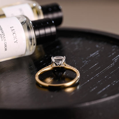 Solid Gold Two Tone Cushion Moissanite Engagement Ring, Proposal Ring, Half Eternity Promise Ring, Wedding Ring, Anniversary Gift for Women