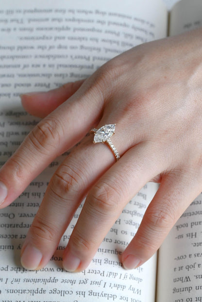Solid Gold Marquise Cut Moissanite Engagement Ring, Pave Hidden Halo Wedding Ring