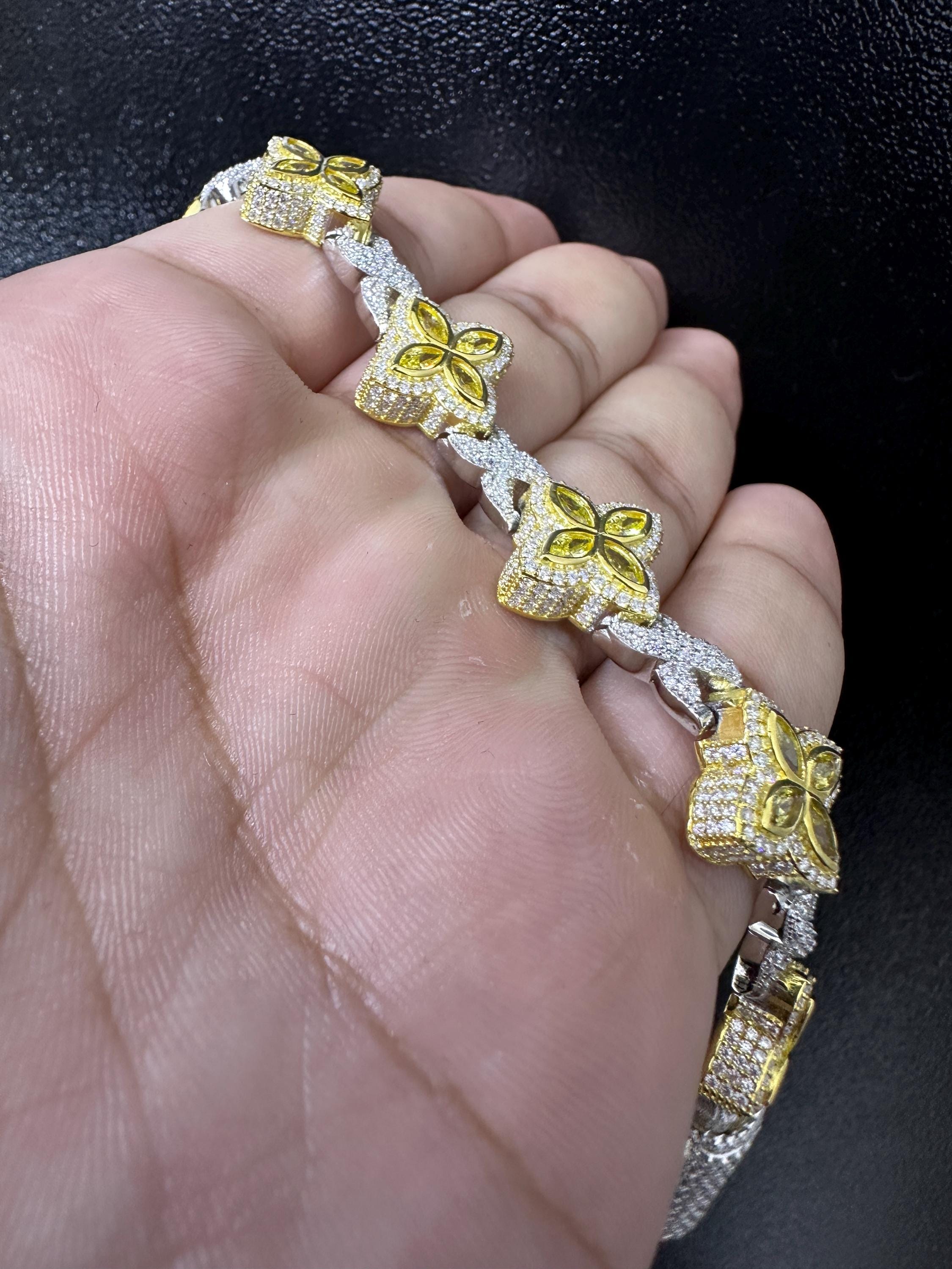Iced Out Clover Bracelet: 9.04CT Yellow Sapphire, Moissanite, Sterling Silver