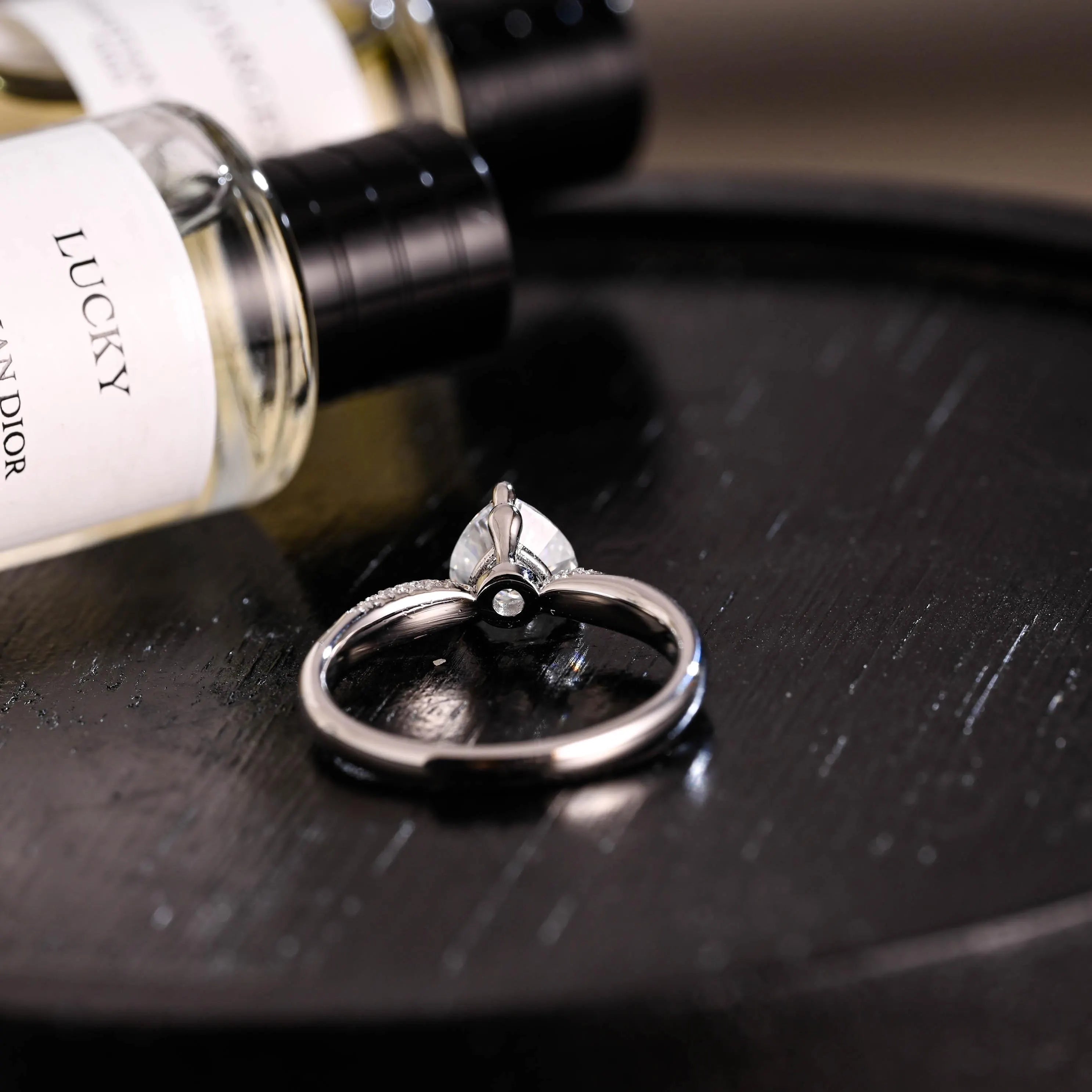 Solid Gold Heart Cut Moissanite Engagement Ring, Pave BandWedding Ring