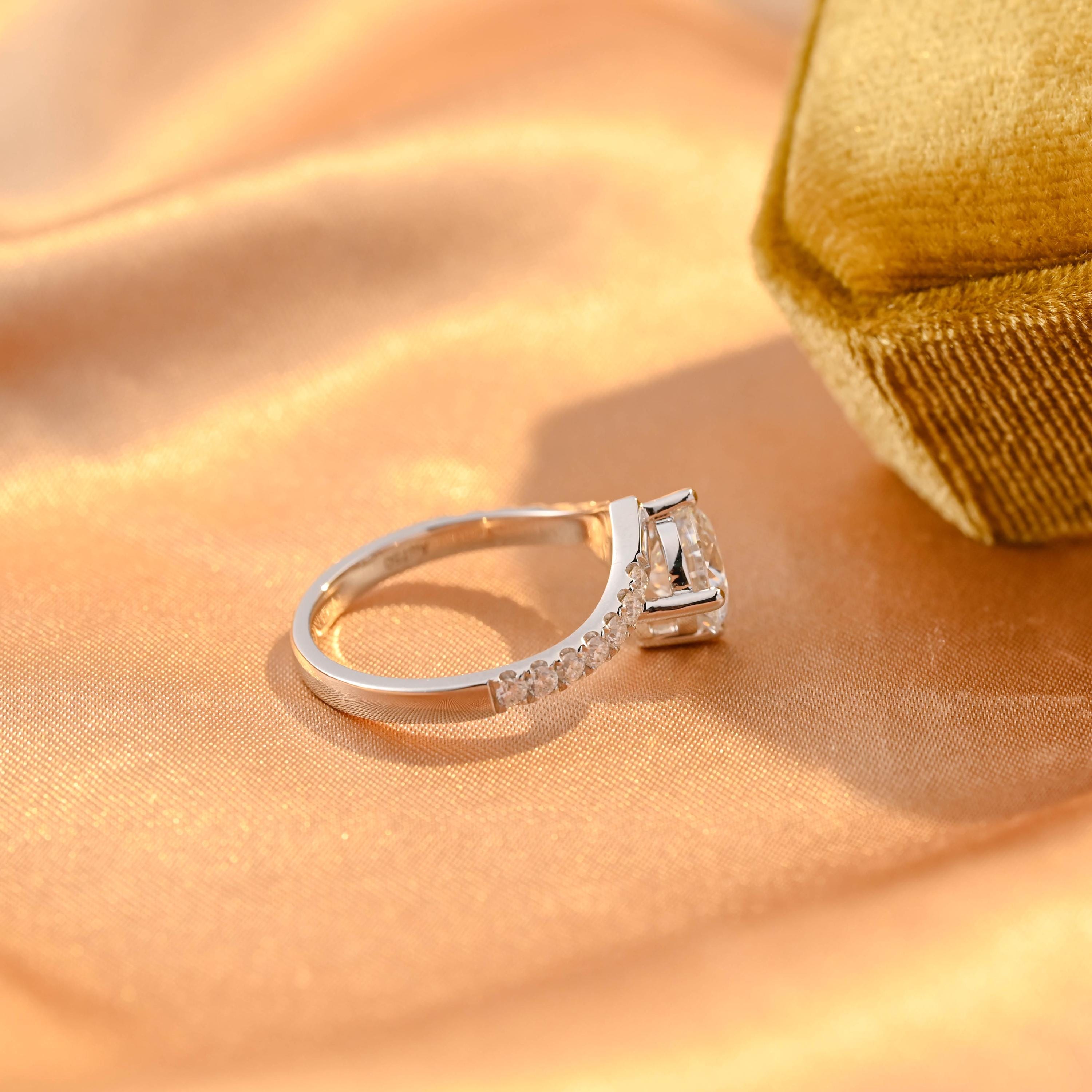 Pave Round Cut Moissanite Engagement Ring, Solid Gold Curved Moissanite Wedding Ring