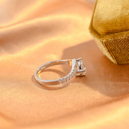 Pave Round Cut Moissanite Engagement Ring, Solid Gold Curved Moissanite Wedding Ring