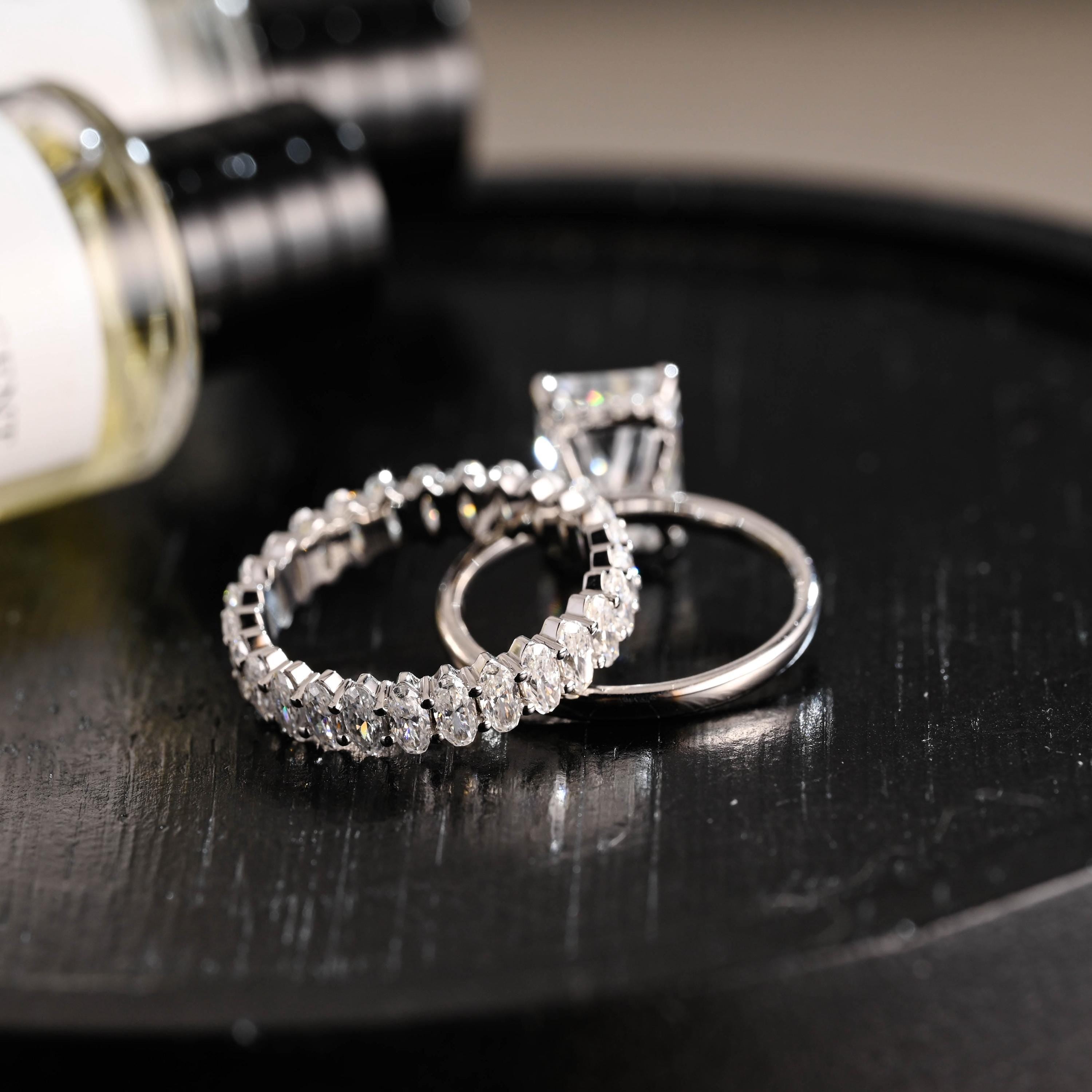 Ascot Radiant Cut Moissanite Engagement Ring Set, Solid Gold Oval Cut Wedding Ring