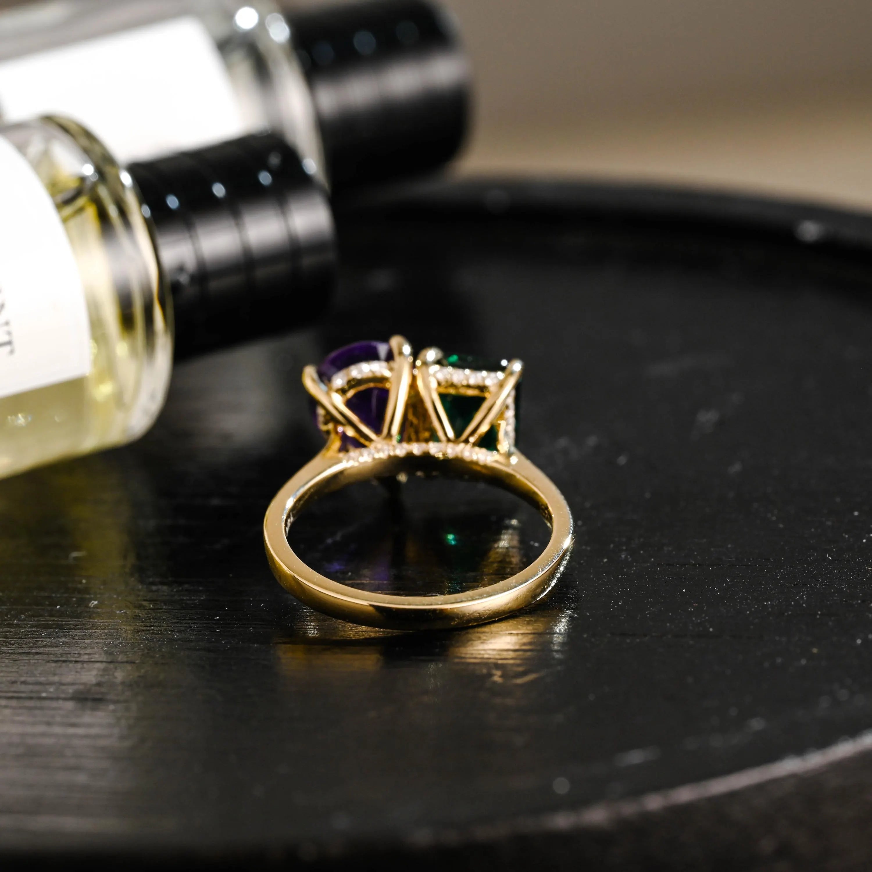 Solid Gold Toi et Moi Pear Amethyst & Lab Grown Emerald Engagement Ring