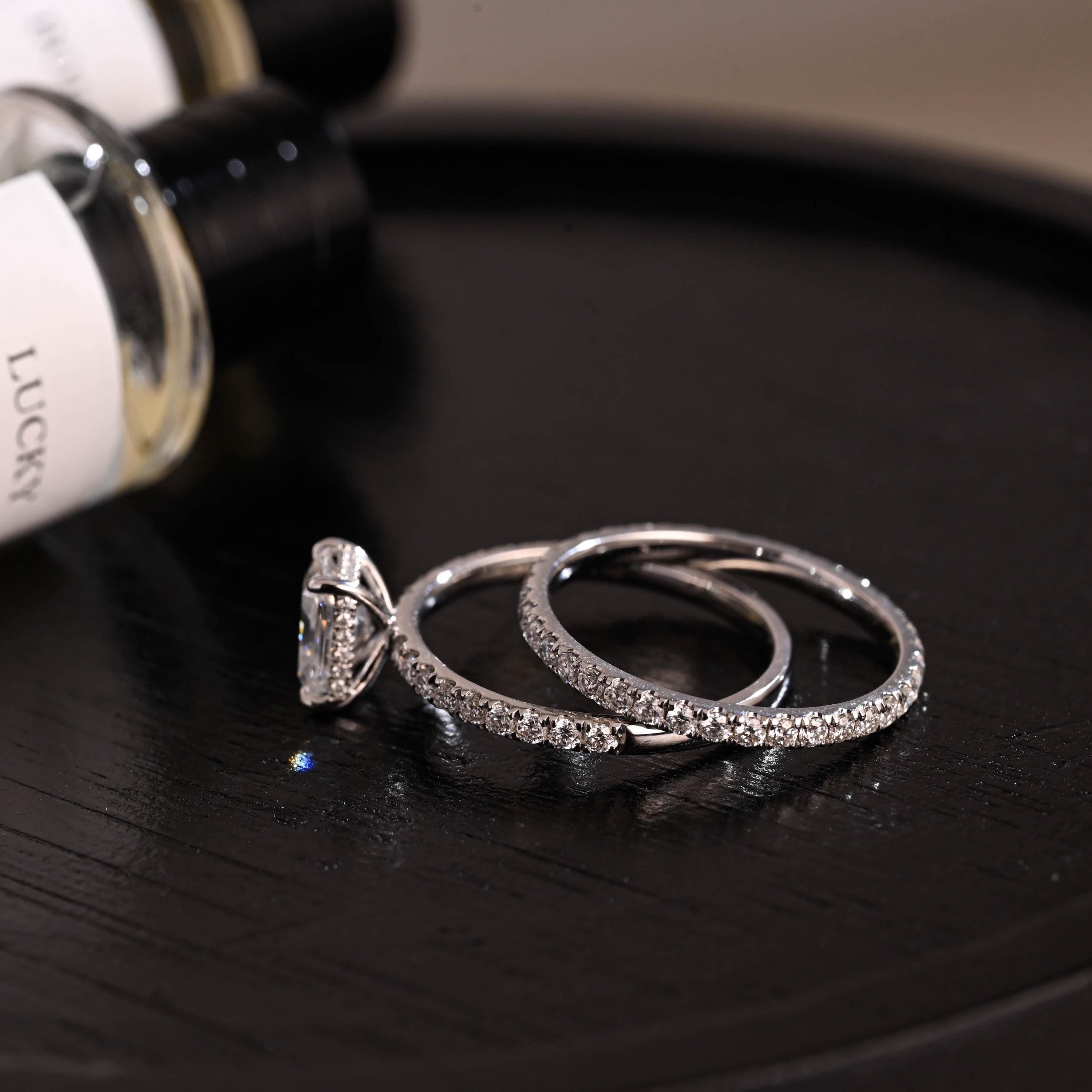 Solid Gold Hidden Halo Radiant Cut Moissanite Engagement Ring Set, Full Eternity Band, Bridal Set