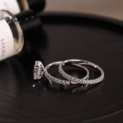 Solid Gold Hidden Halo Radiant Cut Moissanite Engagement Ring Set, Full Eternity Band, Bridal Set