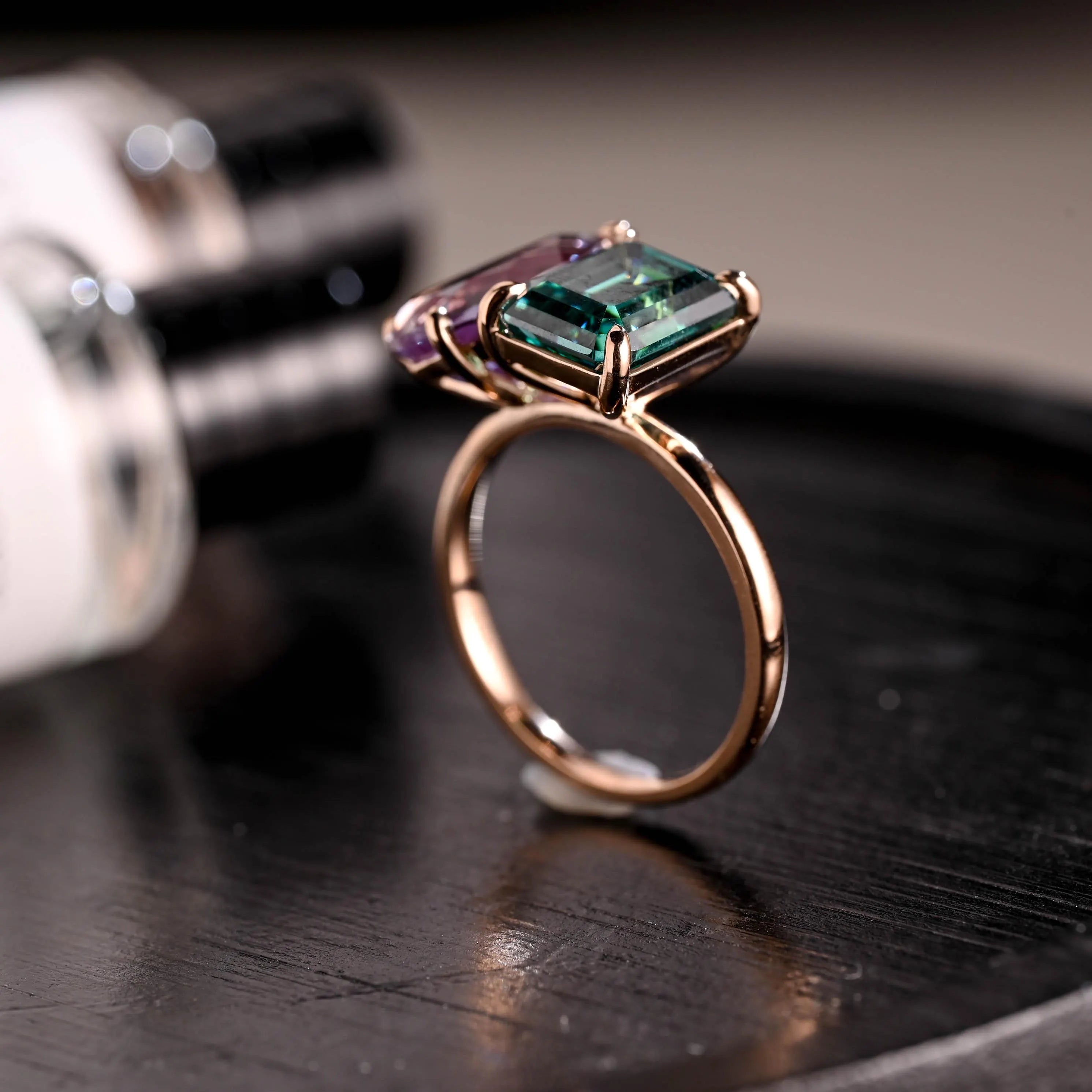 Solid Gold Lab Grown Emerald Toi et Moi Wedding Ring, Pear Alexandrite Two Stone Engagement Ring