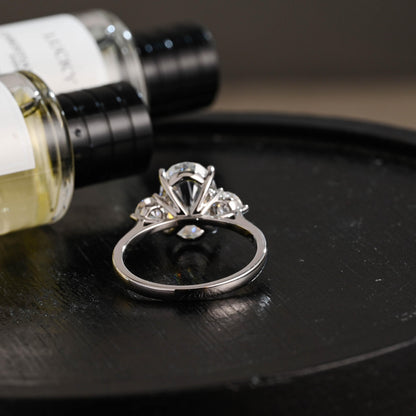 Solid Gold Three Stone Oval Moissanite Engagement Ring, Anniversary Gift Birthday Gift for Women