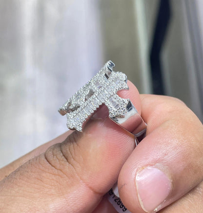 Iced Out Cross Ring: Baguette Moissanite, Sterling Silver Hip Hop Jewelry