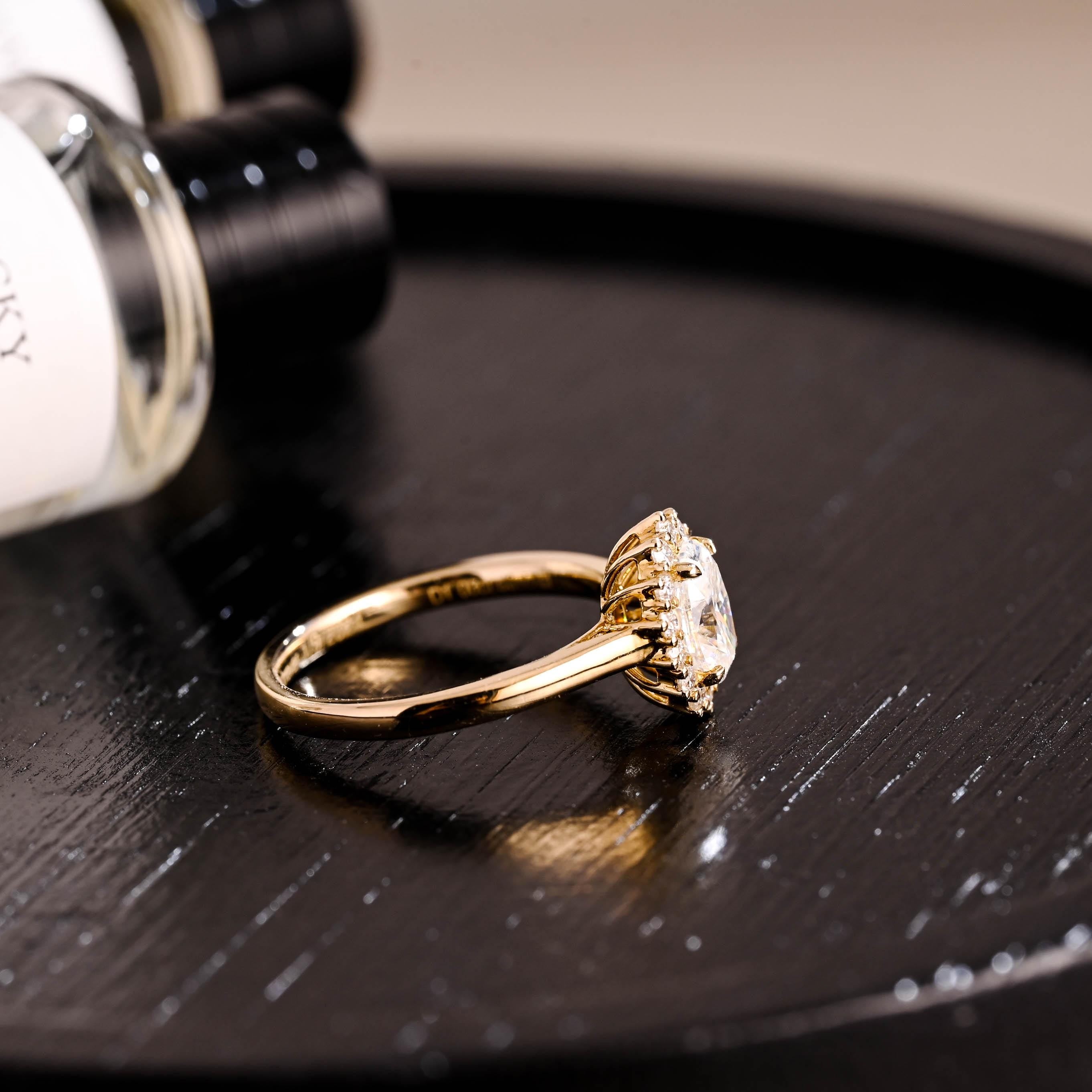 Solid Gold Starburst Oval Cut Moissanite Engagement Ring, Halo Wedding Ring