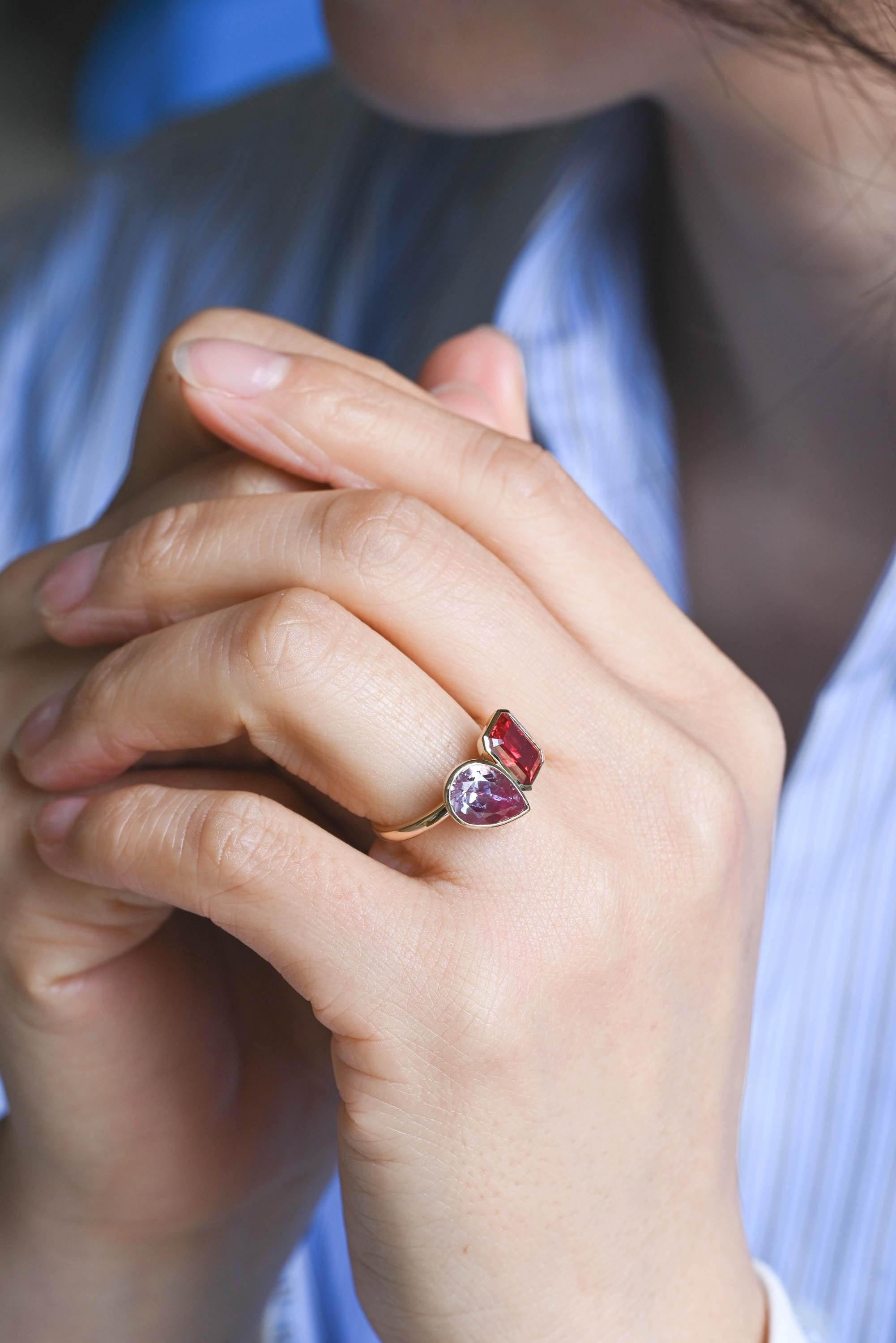 Solid Gold Emerald Cut Lab Grown Ruby & Pear Lab Grown Alexandrite Toi et Moi Engagement Ring