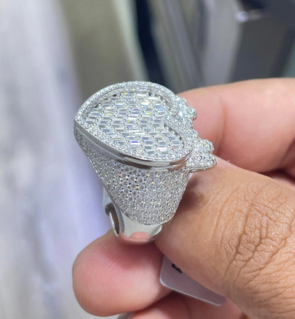 Iced Out Heart Ring , Baguette Moissanite VVS D Color 6.11 CTW 925 Sterling Silver