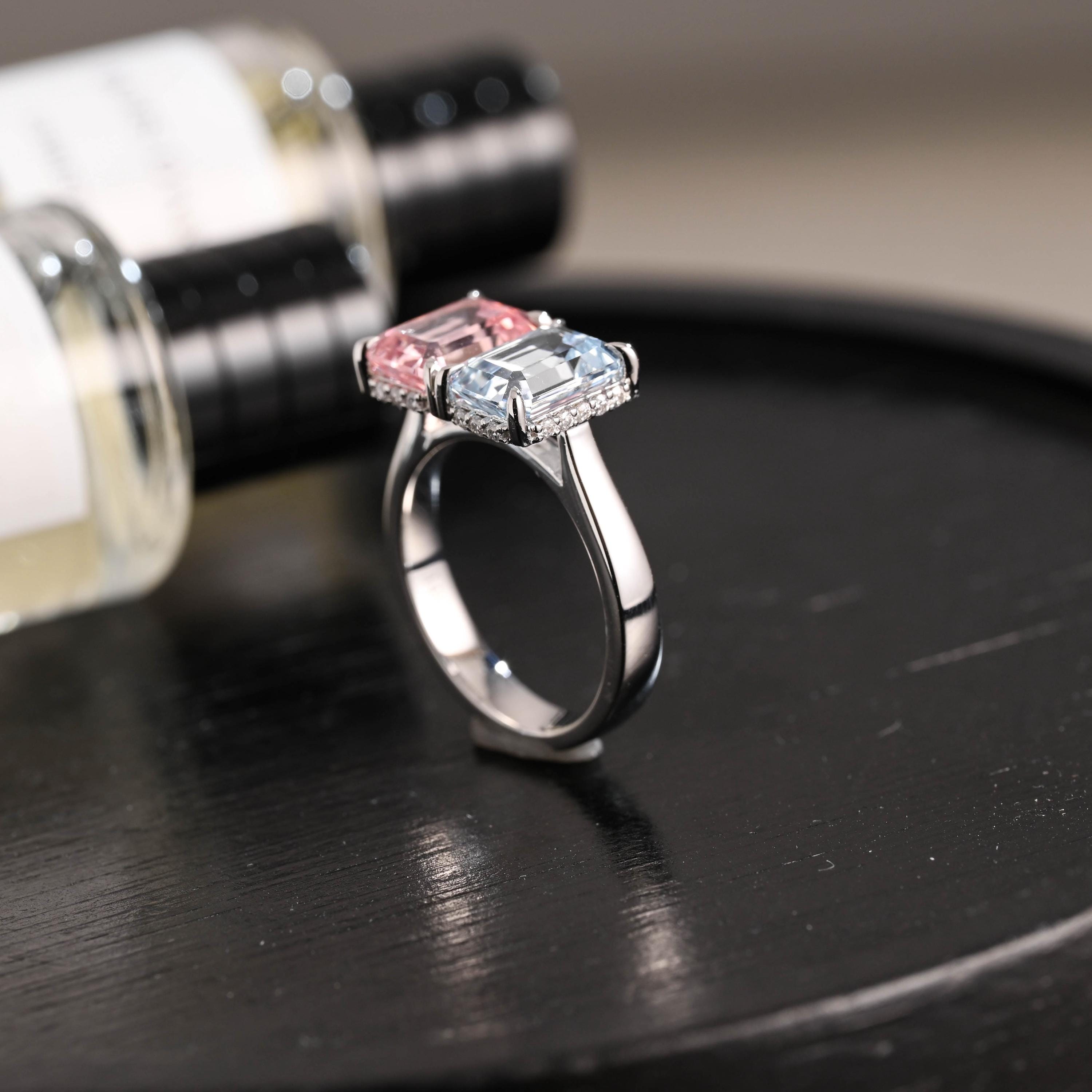 Solid Gold Toi et Moi Emerald Cut Pink Lab Grown Sapphire & Blue Lab Grown Sapphire Engagement Ring
