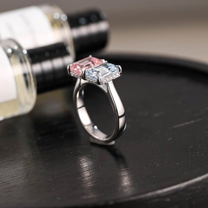 Solid Gold Toi et Moi Emerald Cut Pink Lab Grown Sapphire & Blue Lab Grown Sapphire Engagement Ring