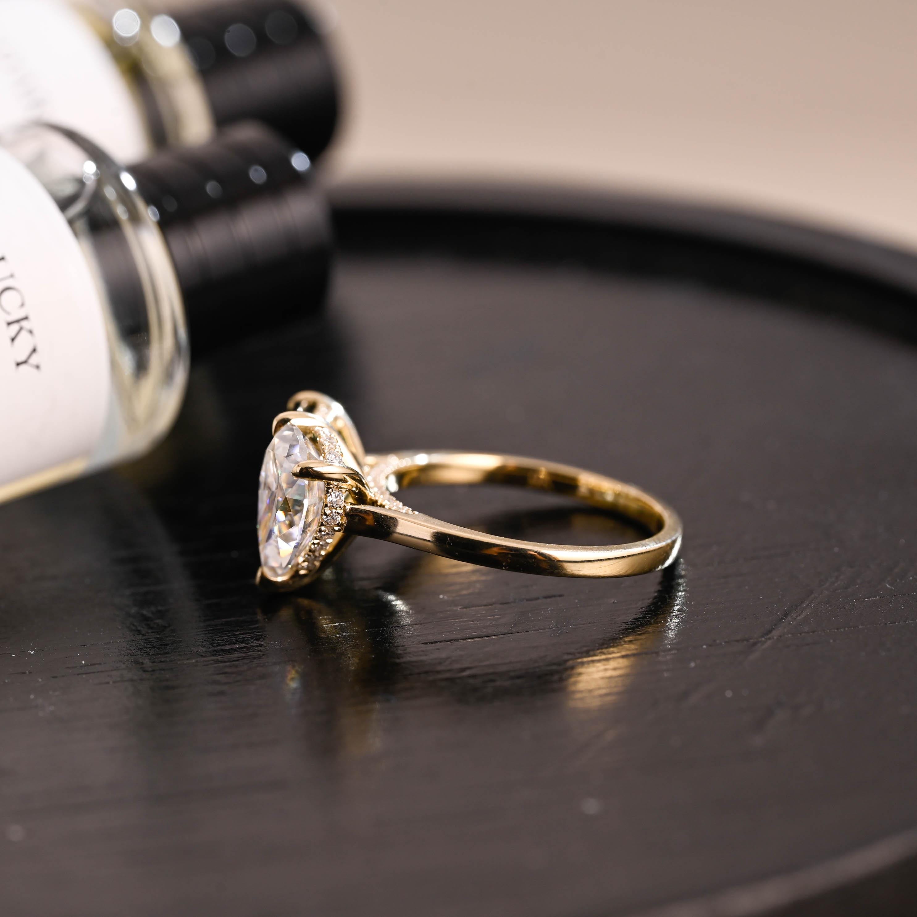 Solid Gold Lab Grown Emerald Toi et Moi Ring, Hidden Halo Memorial Two Stone Moissanite Engagement Ring