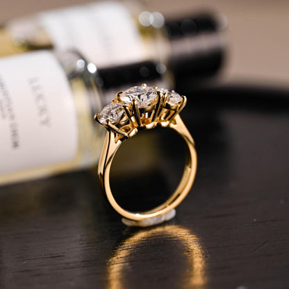 Solid Gold Three Stone Round Cut Moissanite Engagement Ring, Commitment Ring, Anniversary Gift for Women Wife