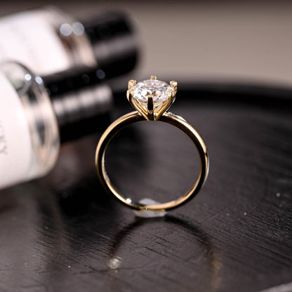 Solid Gold Round Moissanite Engagement Ring, Solitaire Round Cut Moissanite Anniversary Ring for Wife