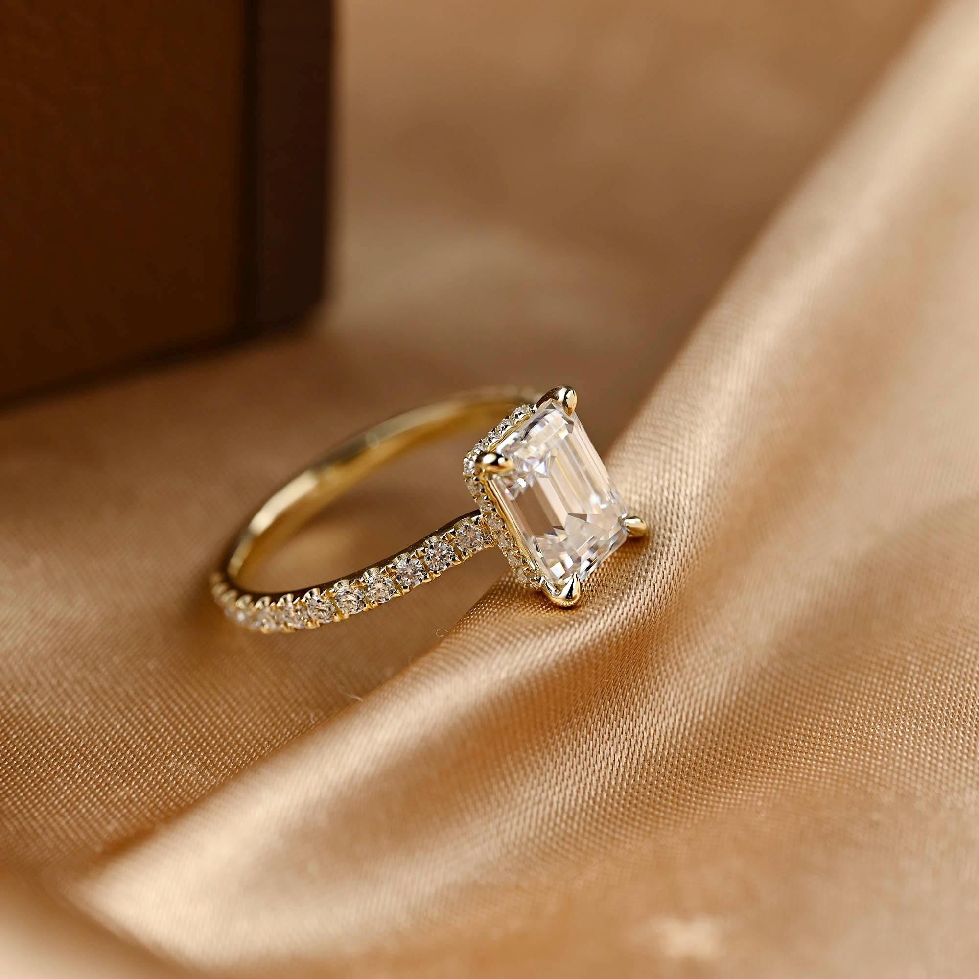 Cathedral Setting Emerald Cut Moissanite Engagement Ring, Solid Gold Hidden Halo Pave Emerald Moissanite Wedding Ring, Anniversary Ring