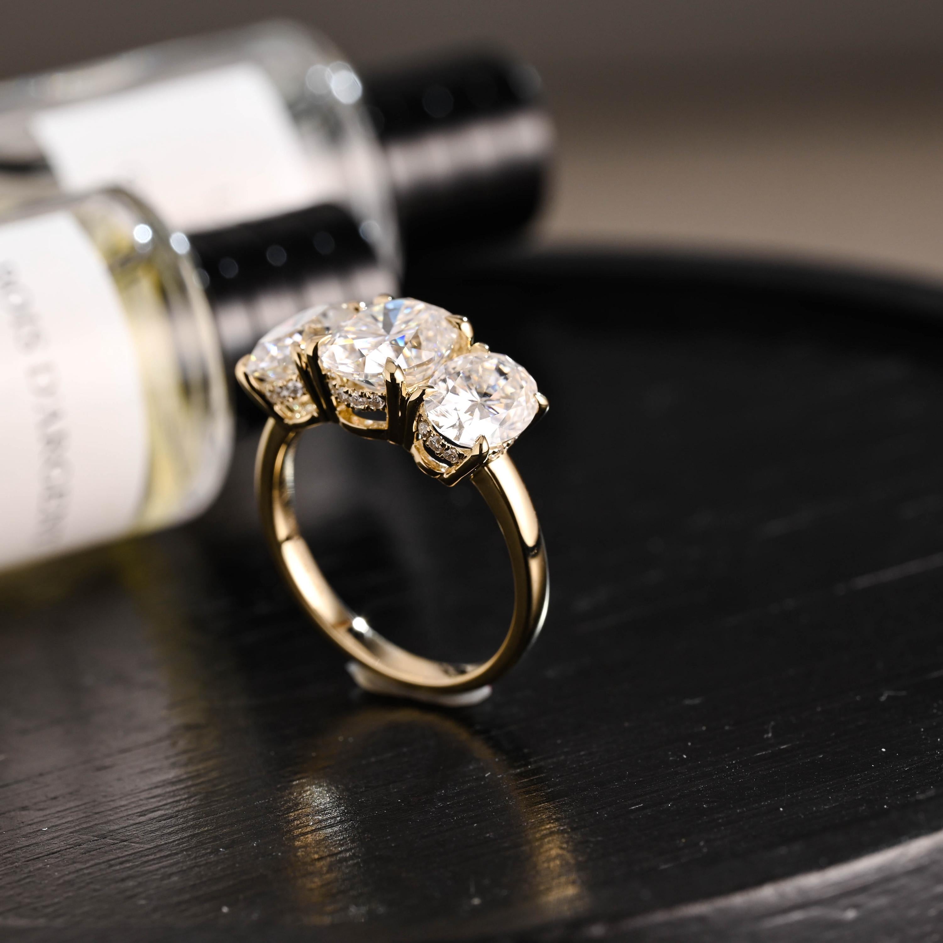 Solid Gold Hidden Halo Three Stone Oval Cut Moissanite Engagement Ring
