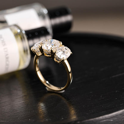 Solid Gold Hidden Halo Three Stone Oval Cut Moissanite Engagement Ring