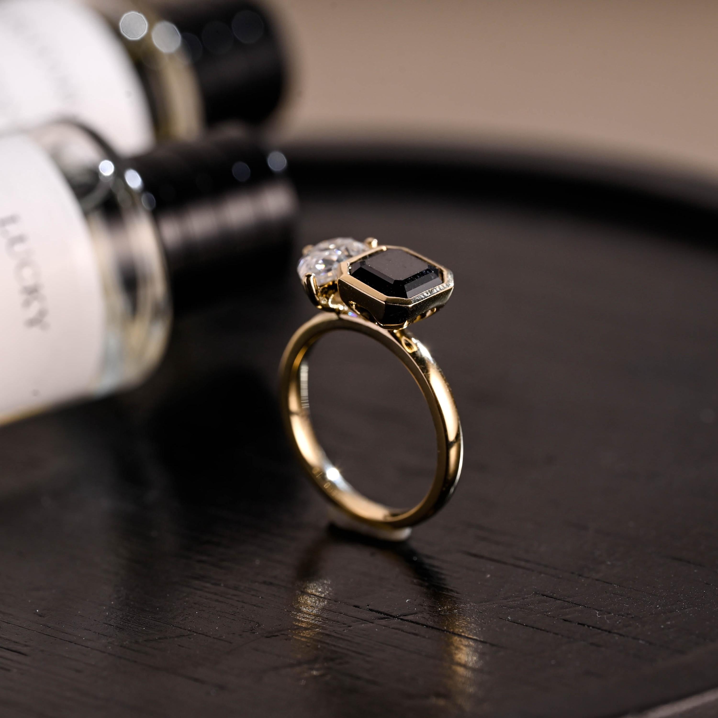 Asscher Cut Black Moissanite Gothic Style Toi et Moi Engagement Ring, Solid Gold Bezel Alternative Ring Gifts