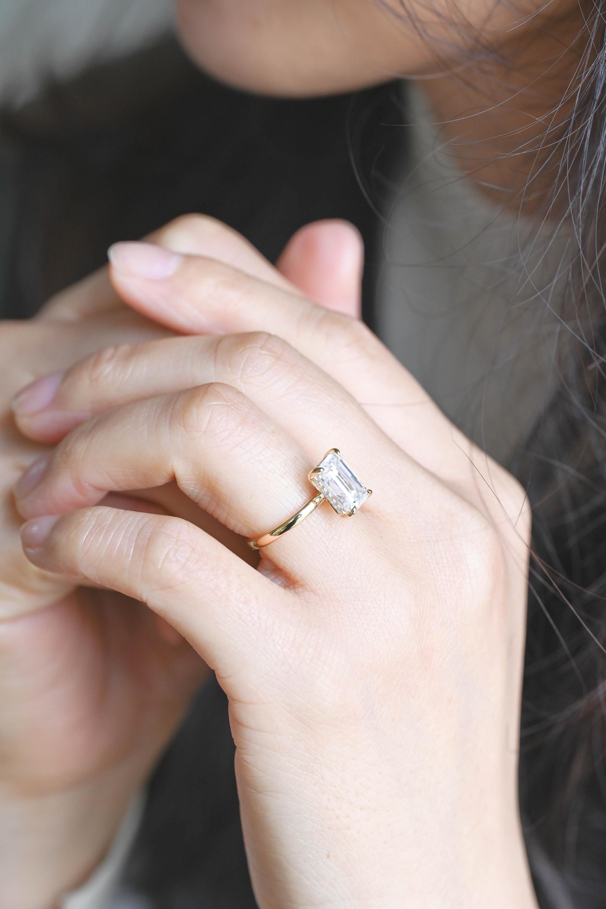 Solid Gold Hidden Halo Emerald Cut Moissanite Engagement Ring, Proposal Ring, Promise Ring, Wedding Ring, Anniversary Gift for Women Wife