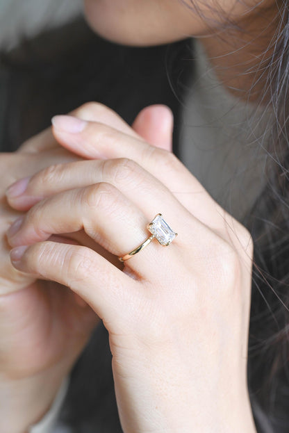 Solid Gold Hidden Halo Emerald Cut Moissanite Engagement Ring, Proposal Ring, Promise Ring, Wedding Ring, Anniversary Gift for Women Wife