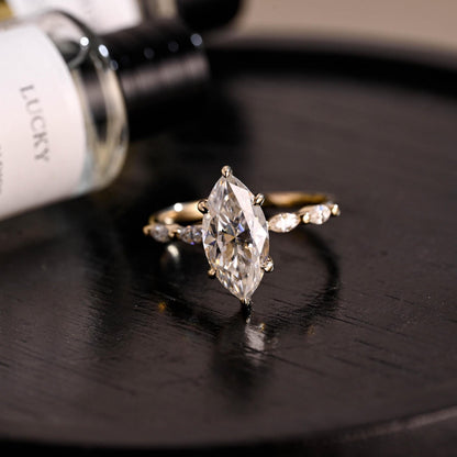 Solid Gold Side Stone Marquise Cut Moissanite Engagement Ring, Hidden Halo Moissanite Wedding Ring